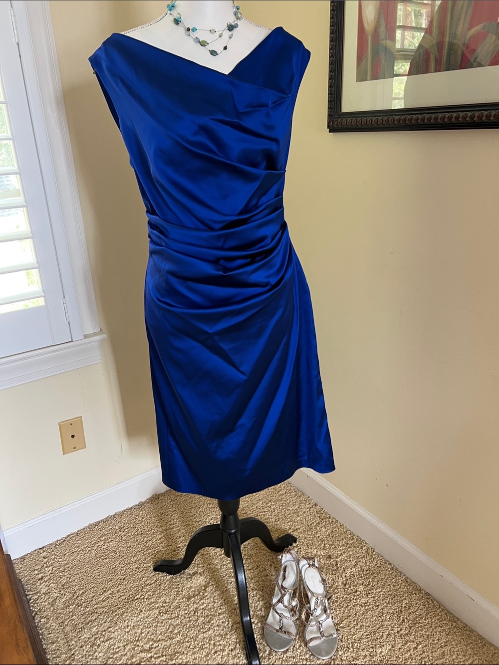 Satin Cobalt Blue Midi Cocktail Dress with Draped Waist - made in Germany